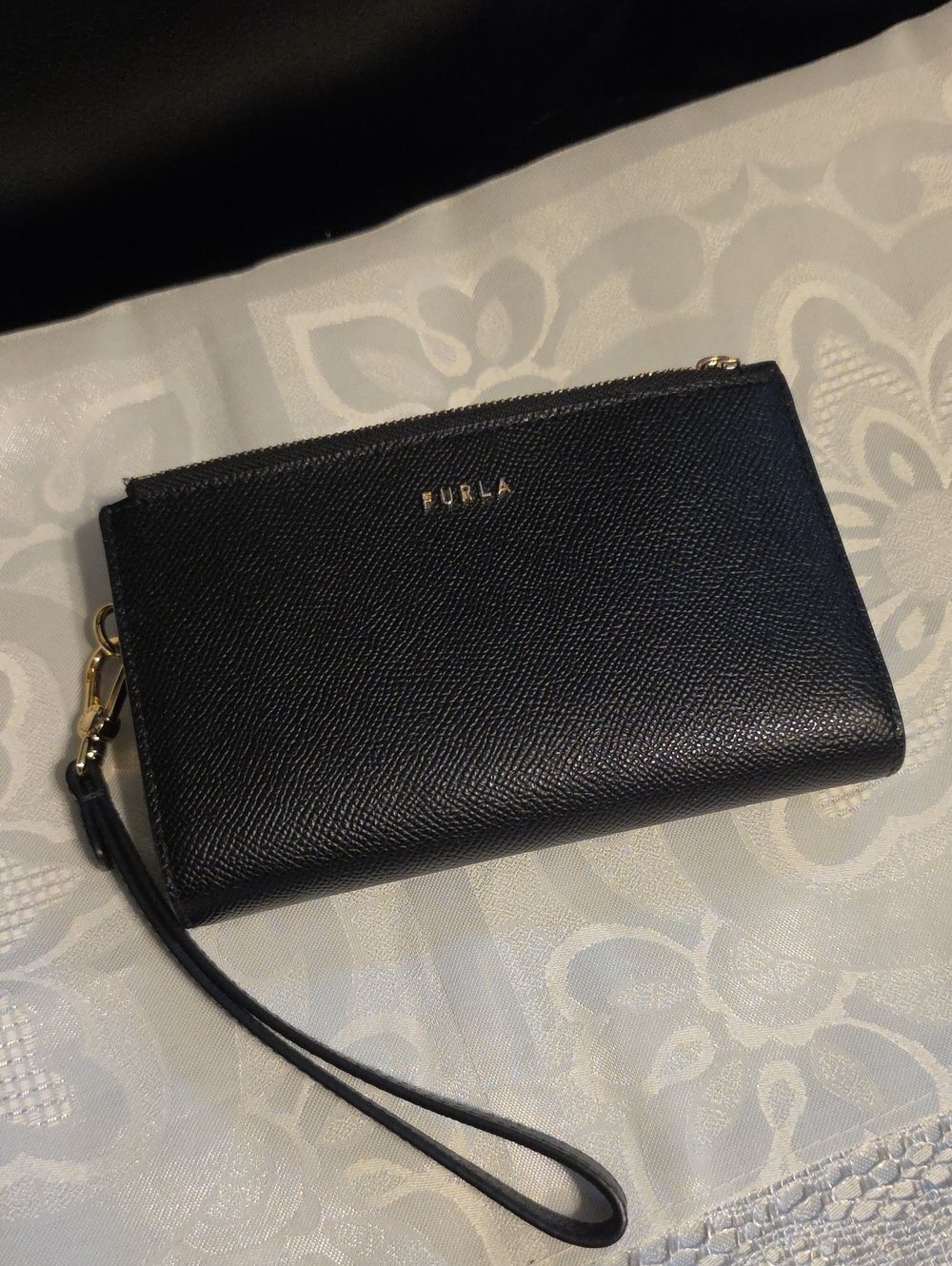 Furla Black Saffiano Leather Double-zip Wristlet with Gold Hardware